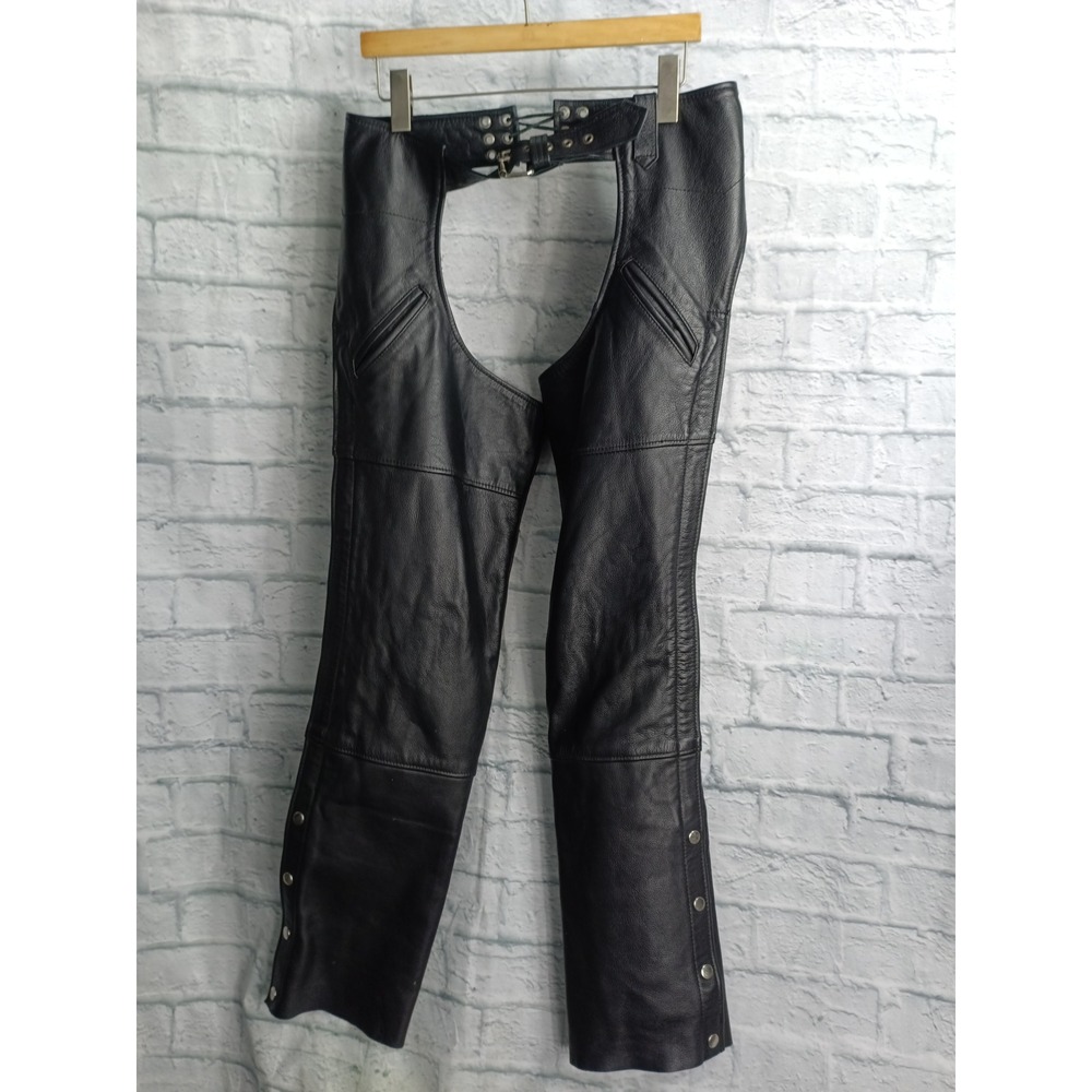 FMC First Manufacturing Co Black Leather Motorcycle Chaps Mens XS Biker Gear